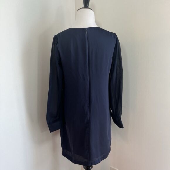 Tevolio Shift Dress Size 4 Navy Chiffon Long Sheer Sleeve - Picture 2 of 9